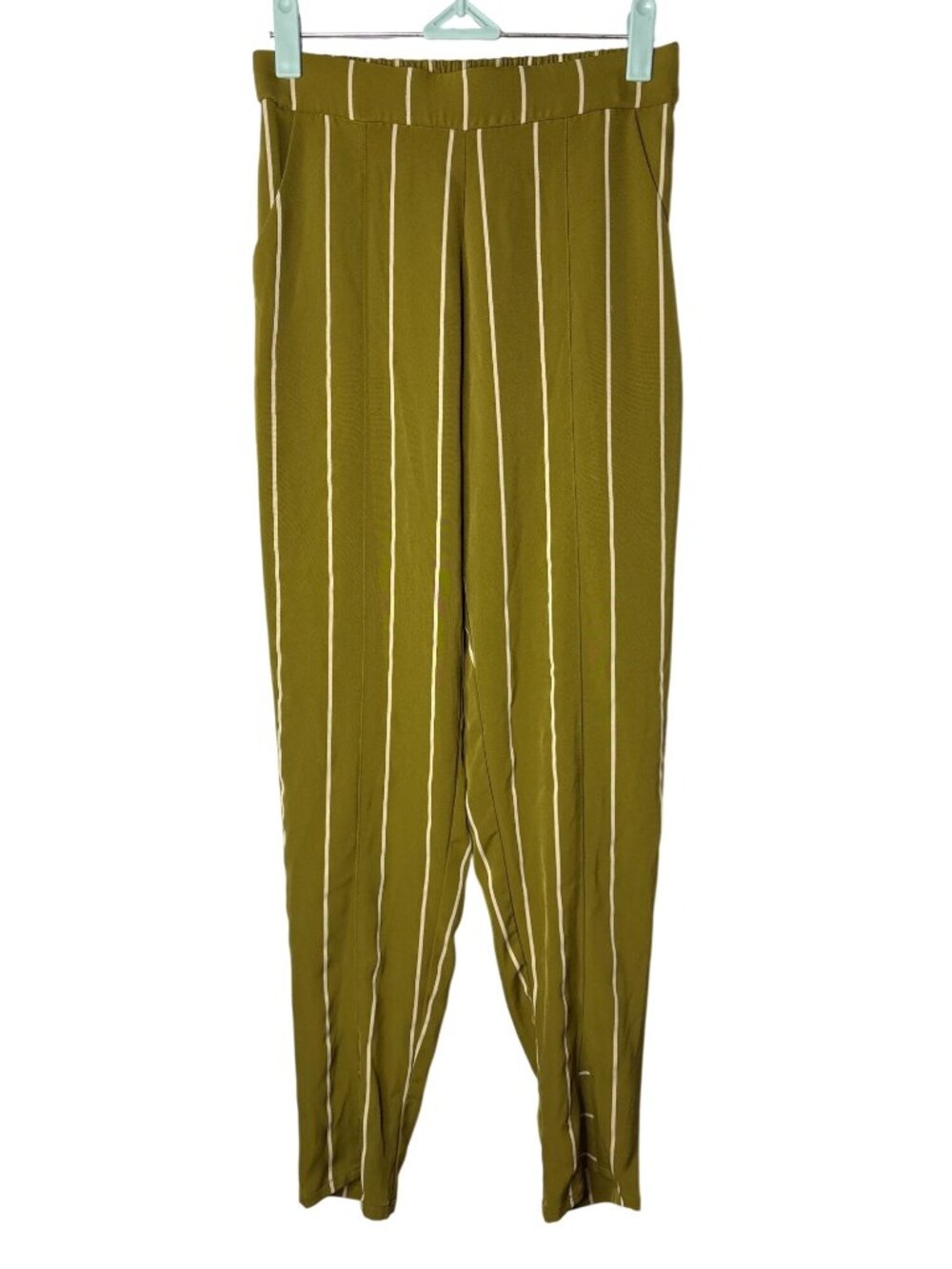 Uniqlo Womens Tapered Leg Ankle Pants XS Striped Olive Green Cream Elasic Waist